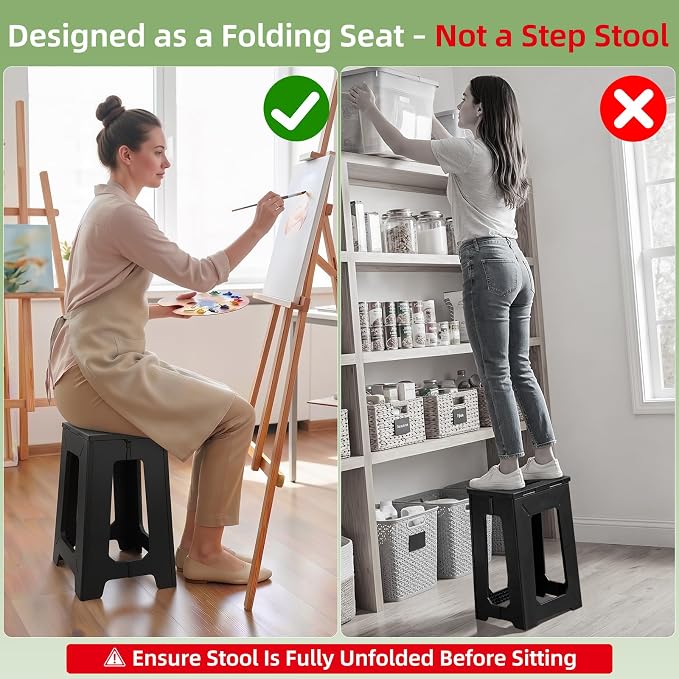 neotidy Foldable Stool Chair, 17.7” Tall Folding Seat for Adults up to 400 lb, Heavy-Duty Plastic Foldable Stool for Sitting, Portable Compact Folding Chair for Home Outdoor Camping, Black