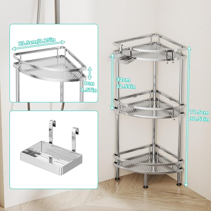 HapiRm Standing Corner Shower Caddy - 3 Tier Shower Organizer Corner with Soap Holder and 4 Hooks, Rustproof Bathroom Storage Shelves with Adhesives, Silver