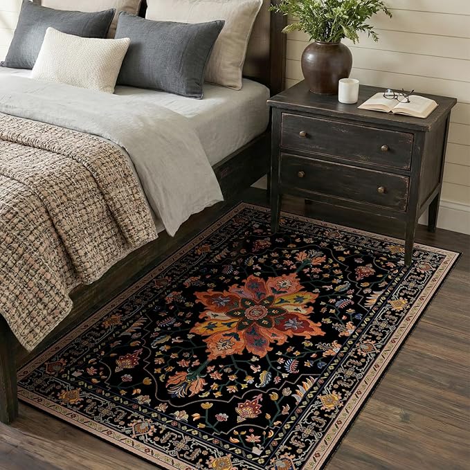 RELEANY Area Rugs 3'x5' Washable Non-Slip, Floral Vintage Distress Medallion Carpet for Living Room Bedroom Dining Room, Black Colorful Floral Dark Tan