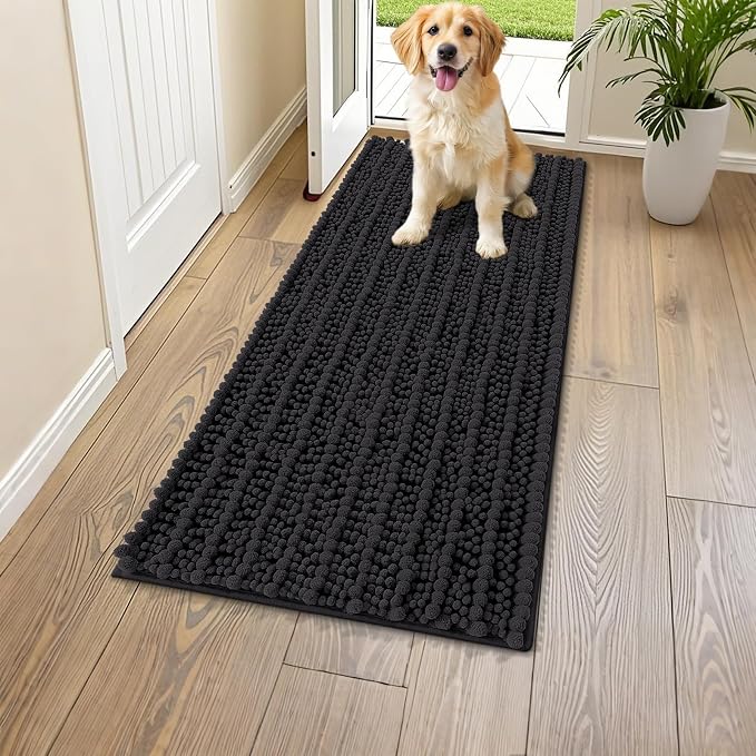 Smiry Dog Door Mat for Muddy Paws 47x17, Absorbent Dirt Trapper, Non-Slip Washable Chenille Entryway Rug for Inside Floor, Black, Layered Pattern