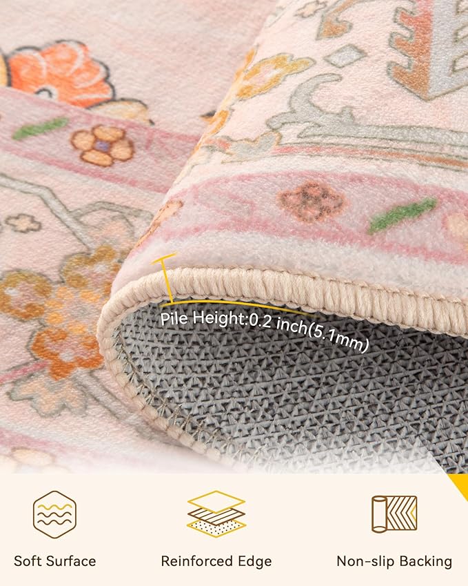 RELEANY Area Rugs Round 5ft Washable Non-Slip, Floral Vintage Distress Medallion Carpet for Living Room Bedroom Dining Room, Light Pink Colorful