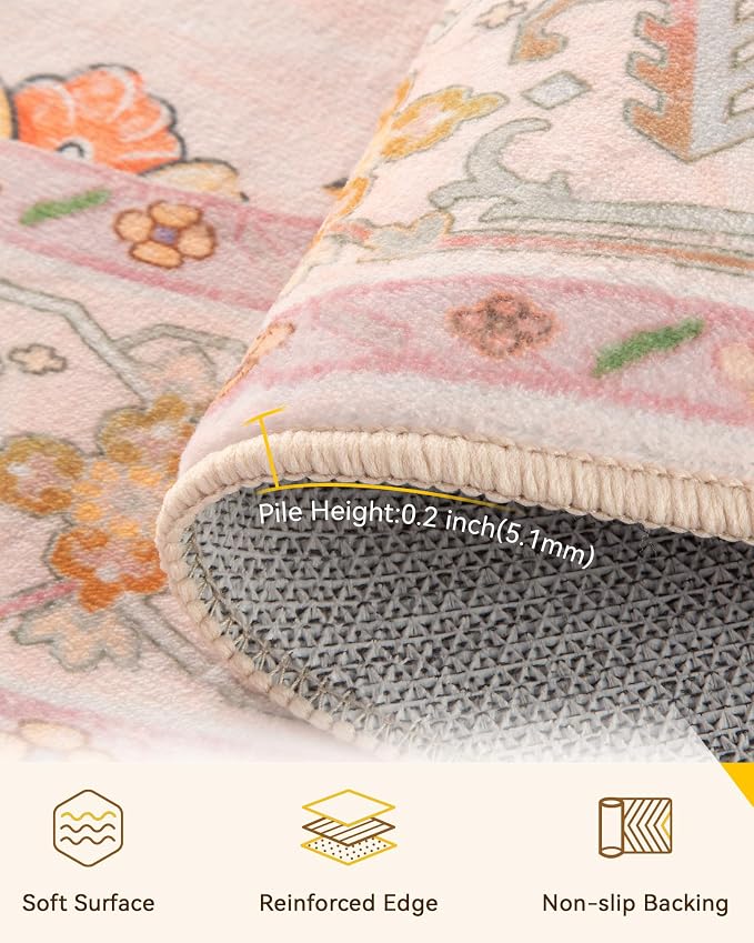 RELEANY Area Rugs Round 6ft Washable Non-Slip, Floral Vintage Distress Medallion Carpet for Living Room Bedroom Dining Room, Light Pink Colorful