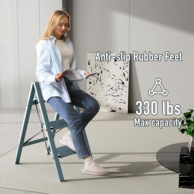 Mayi Plus 3 Step Ladder,Aluminum Folding Step Stool for Adults,Step Ladder with Wide Anti-Slip Pedal,330 lbs Capacity for Home,Office,Kitchen,Library(Blue)