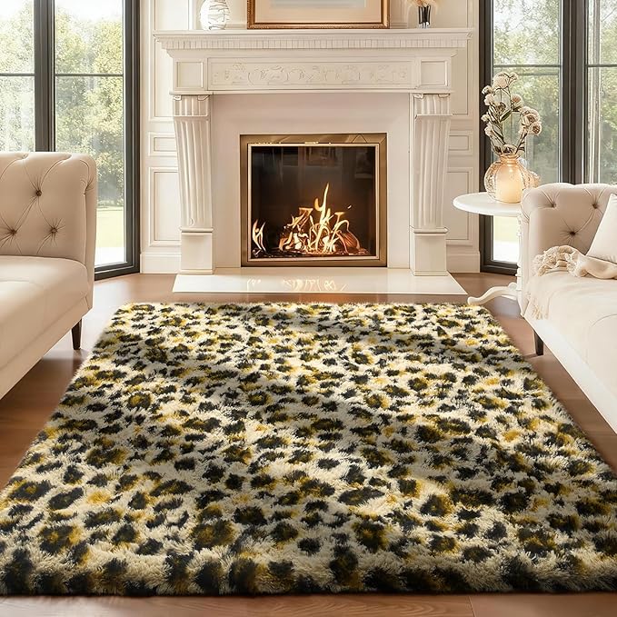 Ophanie Leopard Rugs for Bedroom Living Room, Cheetah Print Rug Fluffy Shag Large Fuzzy Plush Soft Throw,Large Shaggy Floor Big Faux Animal Throw 4x6 Carpets,Home Decor Aesthetic