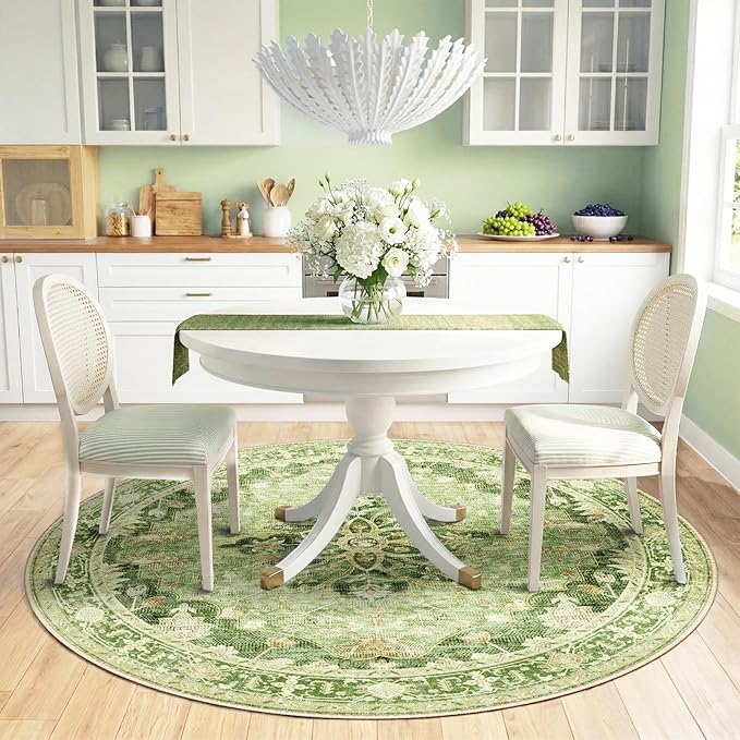 RELEANY Area Rugs Round 6ft Washable Non-Slip, Floral Vintage Distress Medallion Carpet for Living Room Bedroom Dining Room, Sage Green Yellow