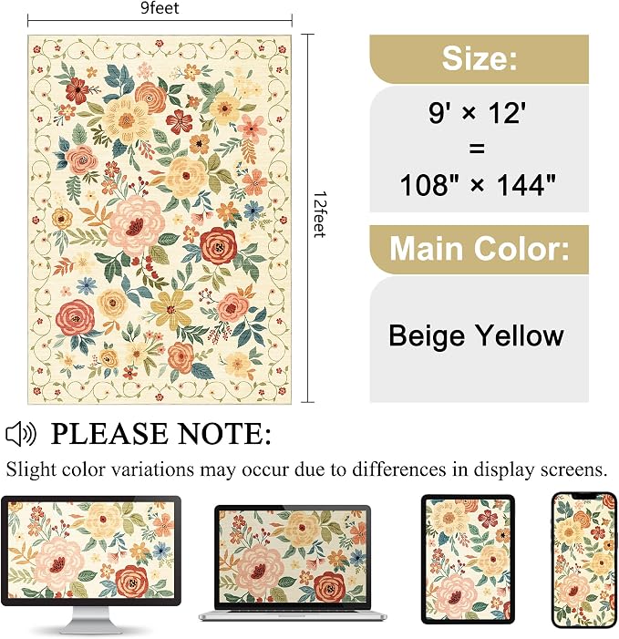 DUKINO 9x12 Area Rug, Floral Rugs for Living Room, Lightweight Non Slip Washable Rug, Indoor Low Pile & Non-Shedding Boho Design Rugs for Bedroom, Living Room, Dining Room, Beige Yellow