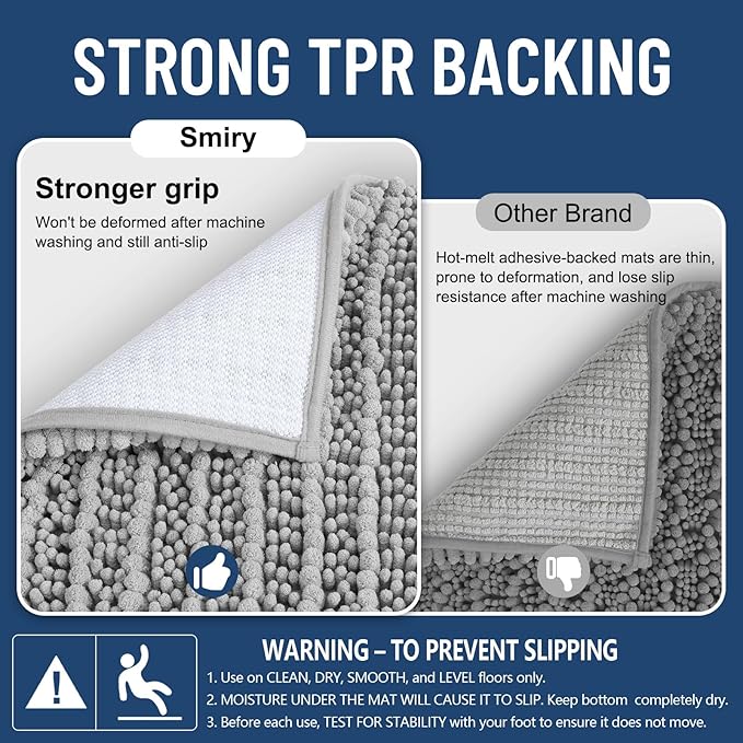 Smiry Bathroom Rugs Mat 47x17, Extra Soft Absorbent Chenille Bath Rugs, Non Slip Rubber Backing Machine Washable Quick Dry Bath Mats for Bathroom Floor, Tub, Shower, Home Decor Accessories, Light Grey