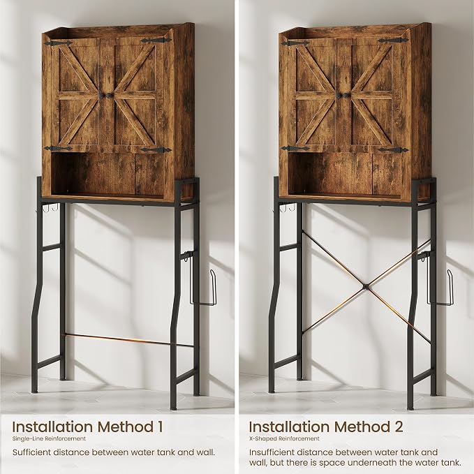 Memobarco Over The Toilet Storage Cabinet, Over Toilet Organizer with 2-Door & Metal Stand, Bathroom Organizers and Storage with Adjustable Shelves for Bathroom, Restroom, Laundry, Rustic Brown