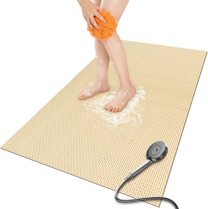 Bathroom Non Slip Shower Mat, Khaki 58x32 Inch Bathtub Mat, Non Slip Bathroom Mat for Elderly and Kids, Easy to Dry, Fast-Dry Drainage Hole, Easy to Prune