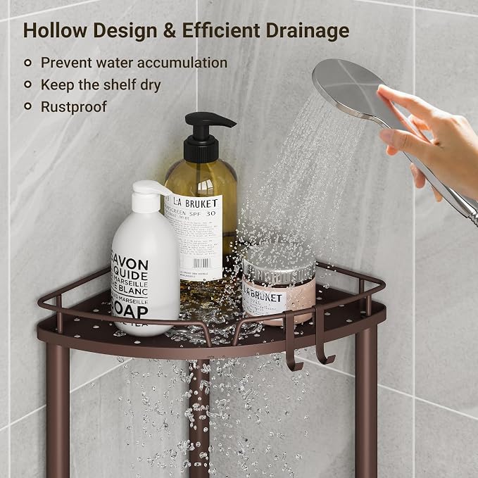 ELYKEN Corner Shower Caddy Standing, 3 Tier Rustproof Metal Shower Organizer with Soap Holder, Floor Shower Corner Shelf Rack Storage Stands with Adjustable Feet & 2 Hooks for Bathroom, Bronze