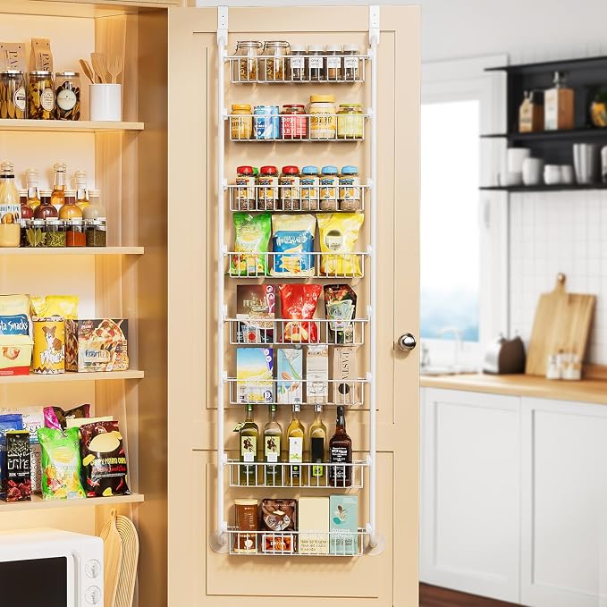 Delamu Over The Door Pantry Organizer, 8-Tier Metal Pantry Door Organization and Storage for Easy Install, Hanging Spice Rack Seasoning Shelves, Door Organizer for Kitchen, 4.65"D x 18"W x 65"H, White
