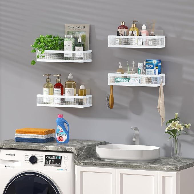PUSDON Mesh Shower Caddy Wall Mount, Heavy Duty Adhesive Bathroom Shelf Organizer, Rustproof Floating Spice Rack for Kitchen Pantry, Holds 50 LBS, Multi-Purpose Storage White-2 Packs (Netting)
