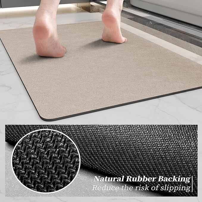 Bath Mat 24x17 - Diatomaceous Earth Bath Mat Quick Dry Absorbing Bathroom Rugs Rubber Non Slip Thin Bathroom Mat Fit Under Door, Taupe