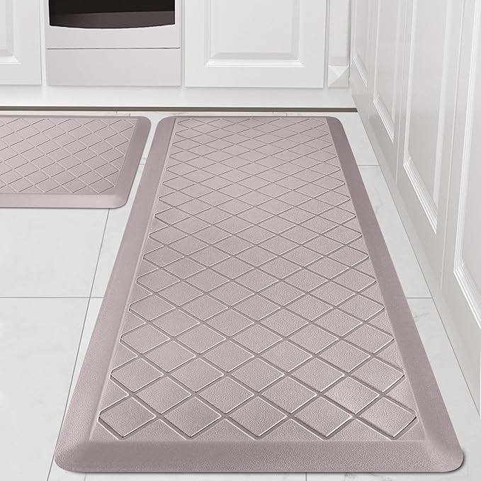 Cushioned Kitchen Mat 2 PCS, Anti Fatigue Kitchen Rugs, Heavy Duty Non-Skid, Ergonomic Comfort Foam Kitchen Floor Mat for Home, Office, Sink, Laundry, Khaki