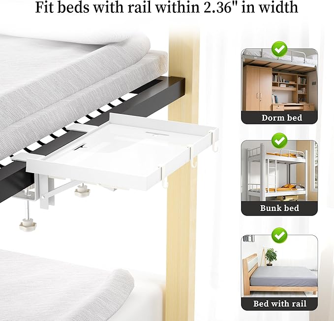 Foldable Bedside Shelf, Metal Clip-On Bed Tray Table for Bunk Bed & Dorm Beds, Dorm Room Essentials Organizer for College Students, Floating Tray, Space Saving Nightstand for Loft Beds (White, Small)