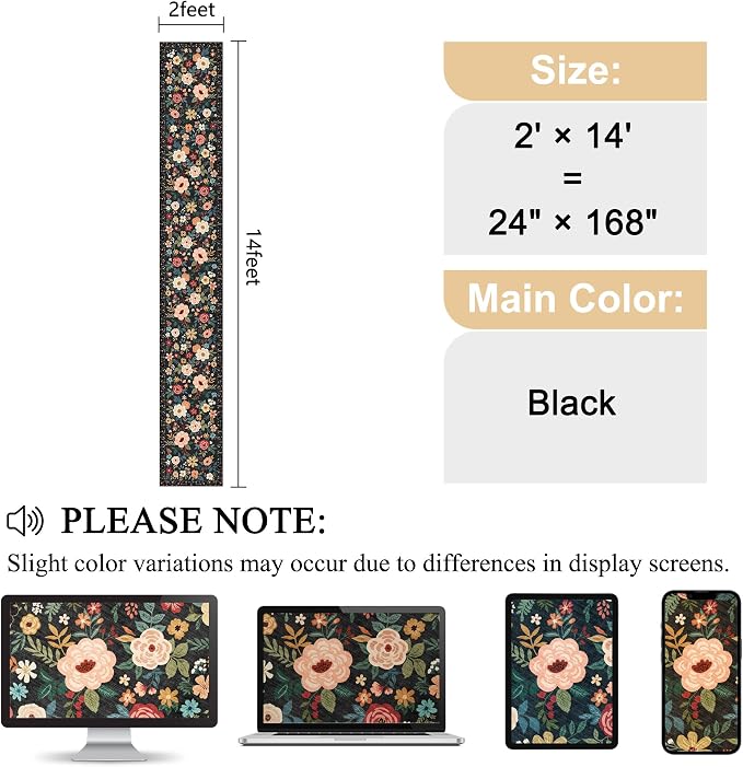 DUKINO 2x14 Runner Rug, Floral Long Washable Boho Kitchen Runner Rug with Non Slip Backing, Soft Non Shedding & Low Pile Carpet for Bedroom, Entrance, Laundry, Bathroom, Black