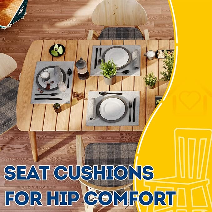 AAAAAcessories D-Shaped Chair Cushions, 2" Thick Dining Chair Pads with Ties and Removable, Machine-Washable Cover, 17" x 16", Brown Checkered