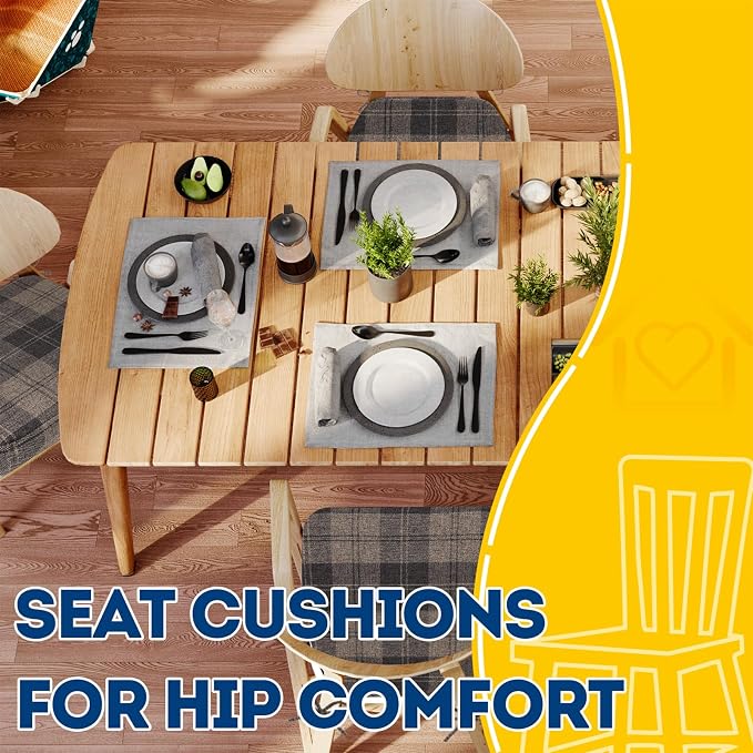 AAAAAcessories D-Shaped Chair Cushions, 2" Thick Dining Chair Pads with Ties and Removable, Machine-Washable Cover, 17" x 16", Set of 6, Brown Checkered