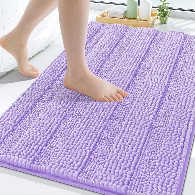 Grandaily Chenille Striped Bathroom Rugs 47x24, Extra Thick and Soft Absorbent Bath Mats, Rubber Backing, Plush Shaggy Shower Carpet, Machine Wash Dry, Bath Rug for Bathroom, Light Purple