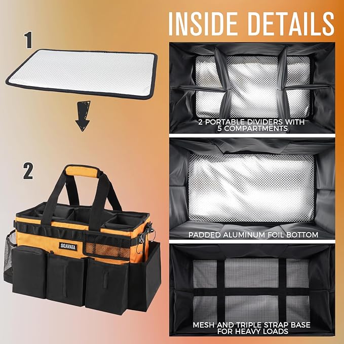 SCAVATA Wearable Cleaning Caddy Bag, Cleaning Caddy Supplies Organizer with Handle & Shoulder Straps for Housekeepers, Under Sink & Car Cleaning Tool Organizers with 4 Foldable Divider (Orange)