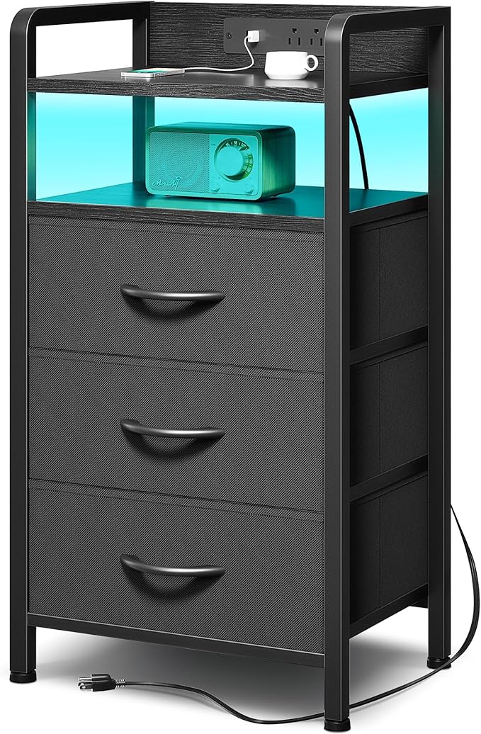 Lazzanto Night Stand Bedside Charger Bedroom - Nightstand with Charging Station & LED Light Strip, Night Stand with Storage Shelf & 3 Fabric Drawers, Morden End Table with U-S-B Ports & AC Outlets