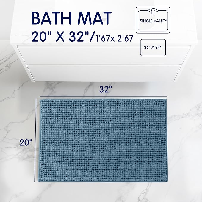 SUBRTEX Bathroom Rugs, 20" x 32" Chenille Bath Rug Soft Short Plush Bath Mat Soft Shower Mat Water Absorbent Shower Mat Quick Dry Machine Washable, Stone Blue