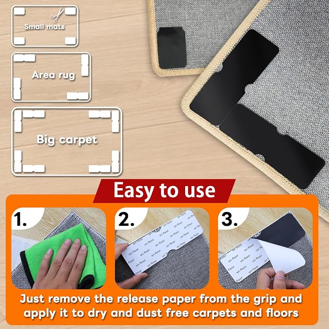 Rug Non Slip Grippers, Reusable Rug Tape Pads for Hardwood Floors, Laminate Floor, Tiles, No Residue on Flooring, Corner Grippers Carpet Tape for Area Rugs, Keep Corners Flat (12)