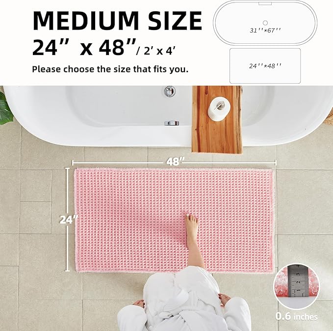 TYUU Light Peachy Pink Bathroom Rugs, Waffle Bath Mat Non Slip Washable Quick Dry Cute Bath Mat Boho Farmhouse Bathroom Decor, 48"x24" Light Peachy Pink