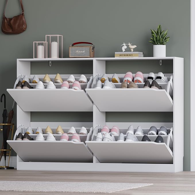 BORNOON Shoe Cabinet with 4 Flip Drawers, Narrow Hidden Shoe Storage Cabinet, Slim Freestanding Shoe Rack Organizer for Entryway, Hallway, Bedroom, Living Room
