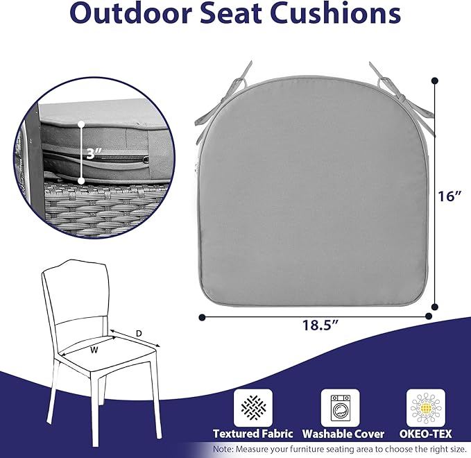 IPYNBAP Outdoor Chair Cushions Set of 4 -Waterproof Outdoor Seat Cushions for Patio Furniture, Patio Chair Cushion with Handle and Ties, Out Door Chair Pads,18.5x16x3-Round, Grey