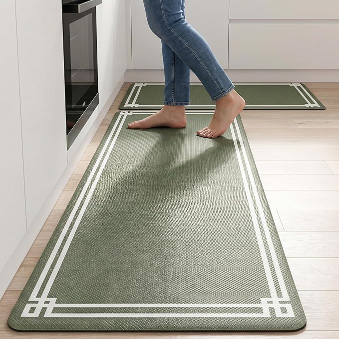 Sage Green Retro Elegance Frame Textured Kitchen Rug Sets [2 PCs], Anti-Fatigue, Waterproof Non-Slip Kitchen Mats Heavy Duty Comfort Foam Rug for Kitchen, Floor, Laundry,17"x29"+17"x47"