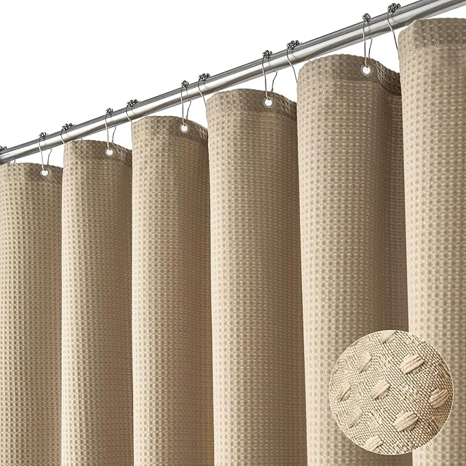 Dynamene Long Fabric Shower Curtain - 78 inch Waffle Weave Heavy Duty Cloth Shower Curtains for Bathroom, Neutral Weighted Hotel Spa Luxury Bath Curtain Set with 12 Plastic Hooks,72x78, Beige/Khaki