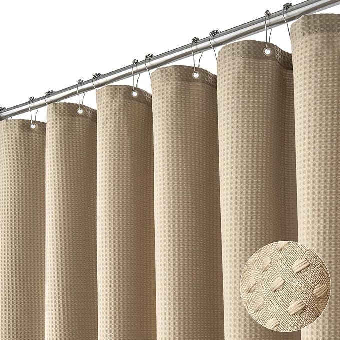 Dynamene Beige Fabric Shower Curtain - Waffle Textured Heavy Duty Cloth Shower Curtains for Bathroom, 256GSM Hotel Spa Luxury Weighted Bath Curtain Set with 12 Plastic Hooks,72x72, Beige/Khaki