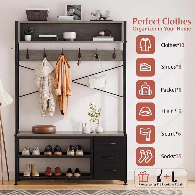 Lulive Hall Tree with 3 Drawers, Industrial Entryway 39.4" Coat Rack Shoe Bench, Freestanding Mudroom Organizer with 12 Hooks, Top Shelf Storage (Grey)