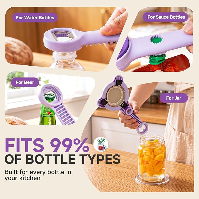 2026 Upgraded 4-in-1 Jar Opener - Adjustable Stainless Steel Lid Remover for Seniors & Arthritis Sufferers, Fits Kitchen Jars, Bottles & Cans Purple(2Pcs)