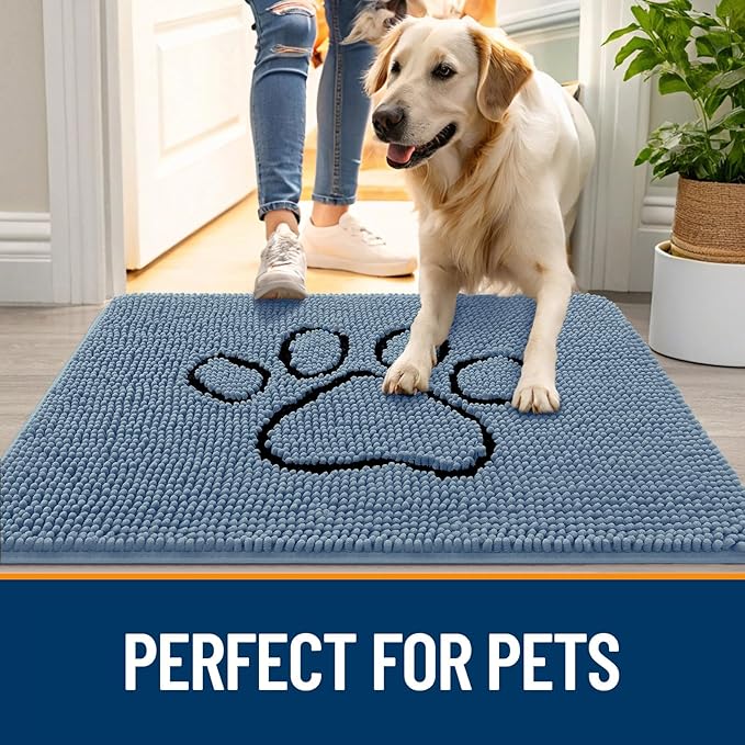 OLANLY Dog Door Mat for Muddy Paws 30x20, Paw Print Design, Absorbs Moisture and Dirt, Absorbent Non-Slip Washable Doormat, Quick Dry Chenille Mud Mat, Entry Indoor Entryway Carpet, Airy Blue