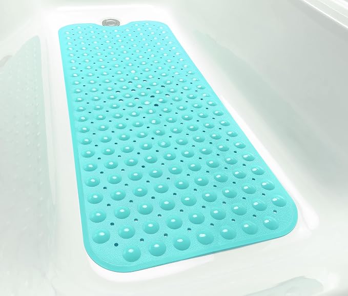 Extra-Long Non-Slip Bathtub & Shower Mat 39”x16” (Smooth/Non-Textured Tubs Only) Safe, Clean, Machine-Washable, Superior Grip&Drainage, Vinyl, Opaque Turquoise/Green-Blue