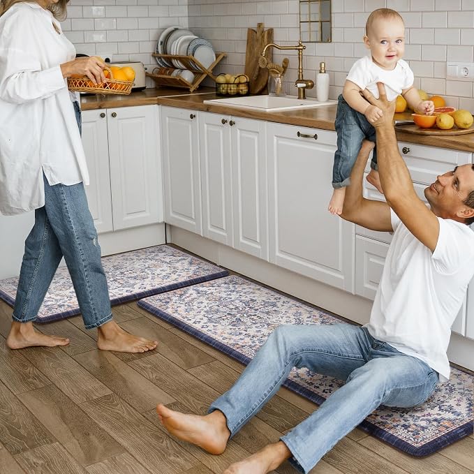 KIMODE Kitchen Mats for Floor, Boho Floral Blue Kitchen Rugs Sets of 2, Anti Fatigue Mats for Kitchen Floor, Cushioned Comfort Kitchen Floor Mats for Sink, Laundry, Desk,17"x47"+17"x29"
