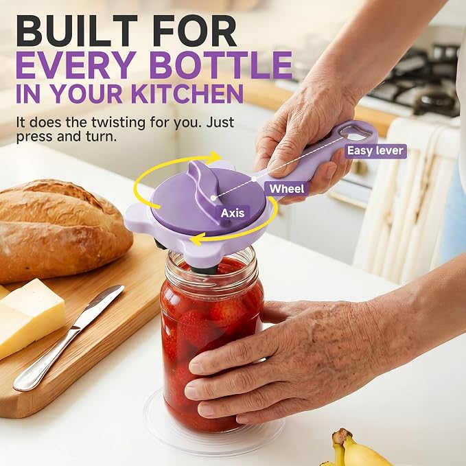 2026 Upgraded 4-in-1 Jar Opener - Adjustable Stainless Steel Lid Remover for Seniors & Arthritis Sufferers, Fits Kitchen Jars, Bottles & Cans Purple(2Pcs)