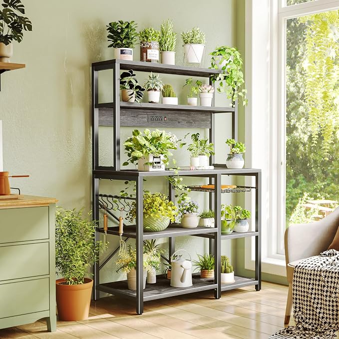SUPERJARE Bakers Rack with Power Outlet, 35.4 Inches Coffee Bar with Wire Basket, Kitchen Microwave Stand with 6 S-Shaped Hooks, Open Storage Shelves, Charcoal Gray