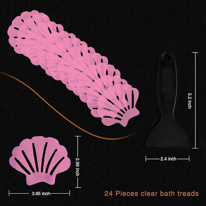 Secopad Non-Slip Bathtub Stickers, 24 PCS Shell Safety Bathroom Tubs Showers Treads Adhesive Decals Scraper (Pink)