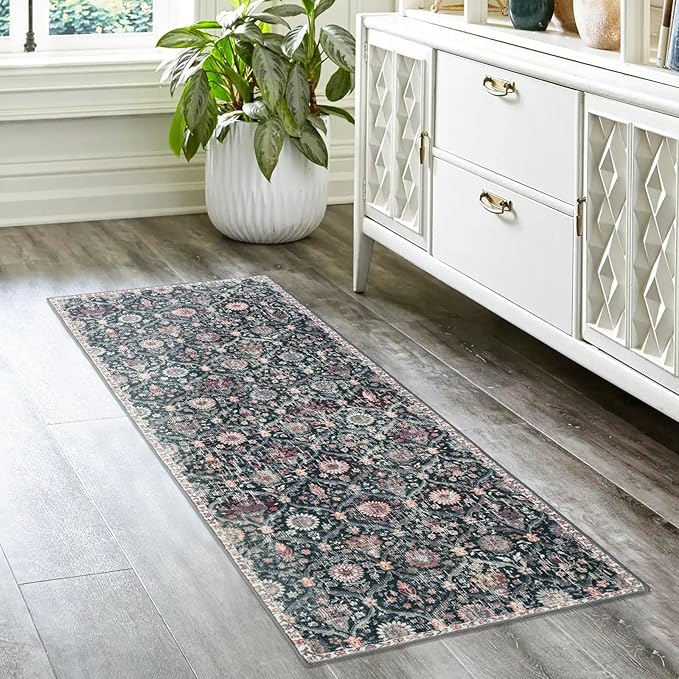 Lahome Moroccan Trellis Washable Runner Rug, 2x6 Kitchen Runners for Hallways 6 Feet Non Slip, Vintage Laundry Room Rug Ultra-Thin Carpet for Bathroom Bedroom Entryway Elise, Black/Multi