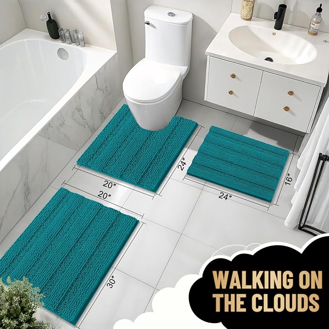 OLANLY Thick Bathroom Rugs 30x20, Extra Soft Absorbent Chenille Striped Bath Rugs, Rubber Backing, Machine Wash Dry, Bath Mats for Bathroom Floor, Tub and Shower, Home Decor Accessories, Deep Lake