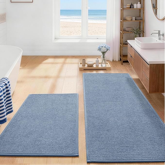YIHOUSE Long Large Bathroom Rugs Sets 2 Piece, Quick Dry Thin Bath Mat, Non Slip Absorbent Machine Washable, Bath Runner Rug for Tub Sink Home Decor (24"x36" + 24"x59",Navy Blue)