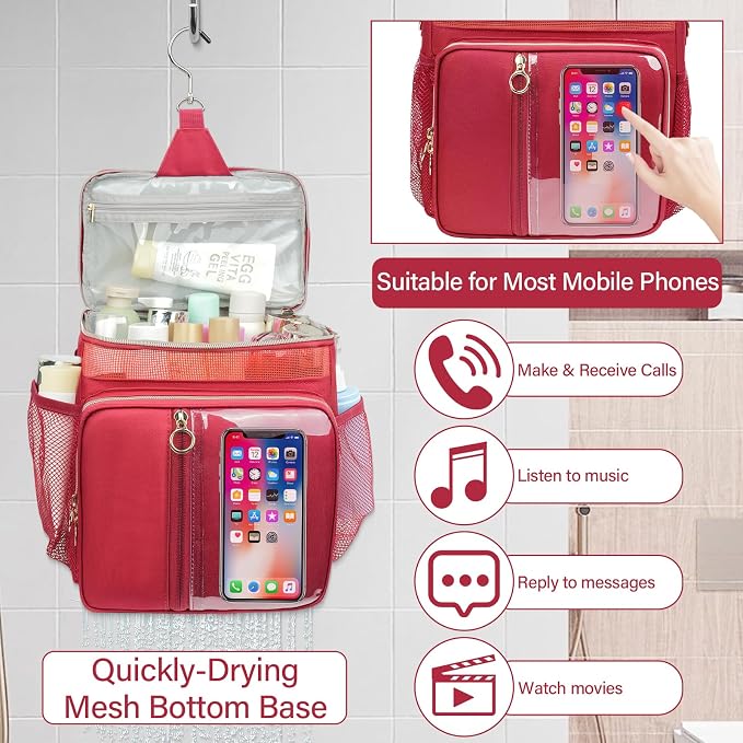Portable Shower Caddy College Dorm Essentials, Large Toiletry Bag for Women Men, 2 Layers Quickly Dry Mesh Bathroom Tote Bag, Hanging Makeup Organizer Bag for Travel, Gym, Camping (Wine Red)