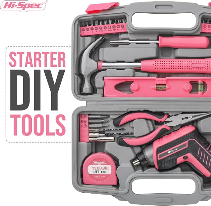 Hi-Spec 35-Piece Tool Kit with 3.6V USB Small Electric Screwdriver Set, Pink Drill Set for Women, Tool Kit for Home