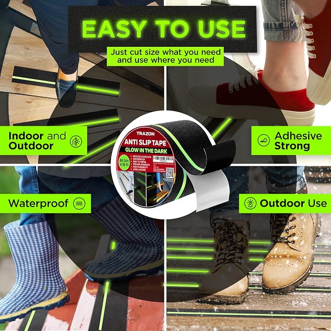 Grip Tape Glow in Dark Stripe - Heavy Duty Anti Slip Tape for Stairs Outdoor/Indoor Waterproof 4 Inch x 35 Feet Non Skid Roll Stair Steps Traction Tread Staircases Grips Adhesive Nonslip Slip Strips