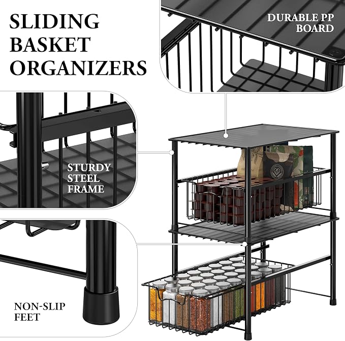 Simple Houseware Stackable Under Sink Cabinet Sliding Basket Organizer Drawer, Black