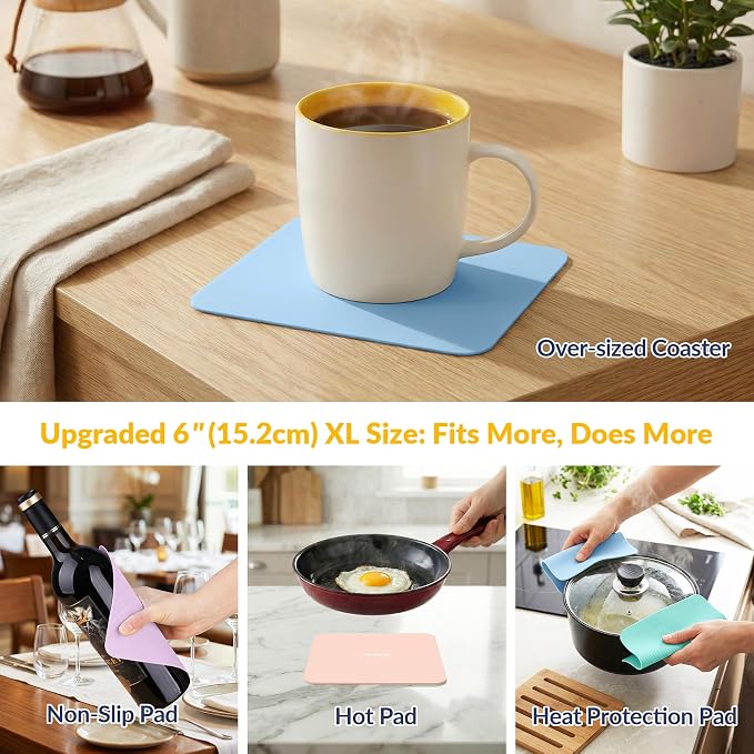 NIHOME Silicone Jar Opener – 6 Inch Large Anti-Slip Grip Pads, Premium 100% Food-Grade Silicone, Stylish Designer Colors, Multi-Purpose Heat-Resistant Mat & Coaster, Set of 4 (Macaron Colors, Square)
