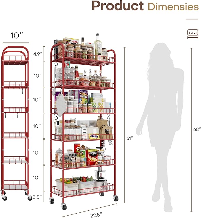 Slim Rolling Storage Cart, 6 Tier Metal Kitchen Rolling Utility Cart with Lockable Wheels for Kitchen, Bathroom, Laundry Room, Small Narrow Spaces (Red 10 Inches)